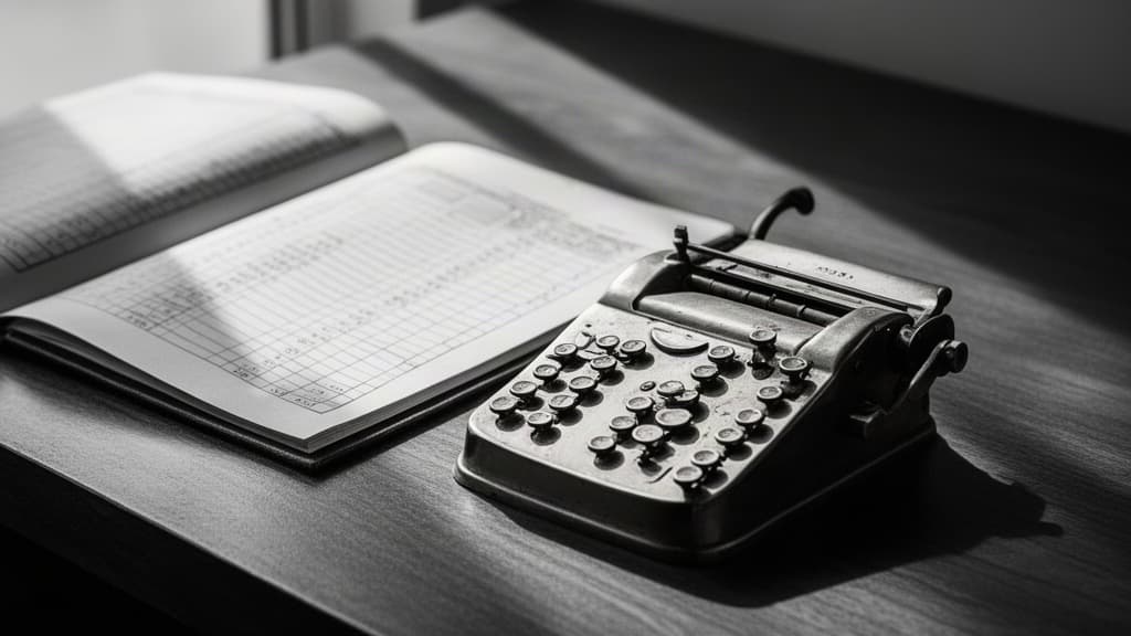 Fotografia em preto e branco de alta qualidade mostrando uma calculadora antiga sobre um caderno financeiro aberto, ilustrando análise de custos e gestão de ativos